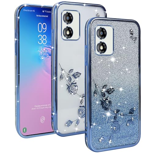 YUXING Transparente Glitzer Hülle für Motorola Moto E13, Mädchen Frau Schlanke Flora Muster Bling HandyHülle, TPU Brillant Schutzhülle (Blue) von YUXING