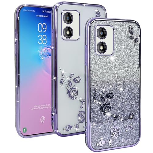 YUXING Transparente Glitzer Hülle für Motorola Moto E13, Mädchen Frau Schlanke Flora Muster Bling HandyHülle, TPU Brillant Schutzhülle (Purple) von YUXING