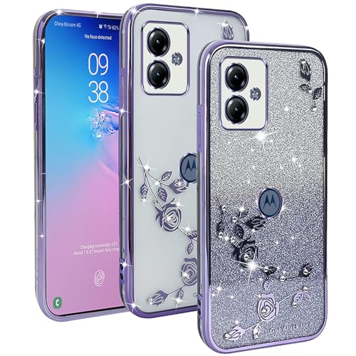 YUXING Transparente Glitzer Hülle für Motorola Moto G14, Mädchen Frau Schlanke Flora Muster Bling HandyHülle, TPU Brillant Schutzhülle (Purple) von YUXING