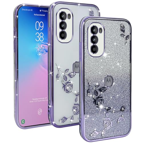 YUXING Transparente Glitzer Hülle für Motorola Moto G52 / Moto G82, Mädchen Frau Schlanke Flora Muster Bling HandyHülle, TPU Brillant Schutzhülle (Purple) von YUXING