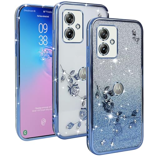 YUXING Transparente Glitzer Hülle für Motorola Moto G54, Mädchen Frau Schlanke Flora Muster Bling HandyHülle, TPU Brillant Schutzhülle (Blue) von YUXING