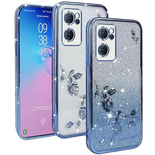 YUXING Transparente Glitzer Hülle für Oppo Find X5 Lite/Reno 7 5G, Mädchen Frau Schlanke Flora Muster Bling HandyHülle, TPU Brillant Schutzhülle (Blue) von YUXING