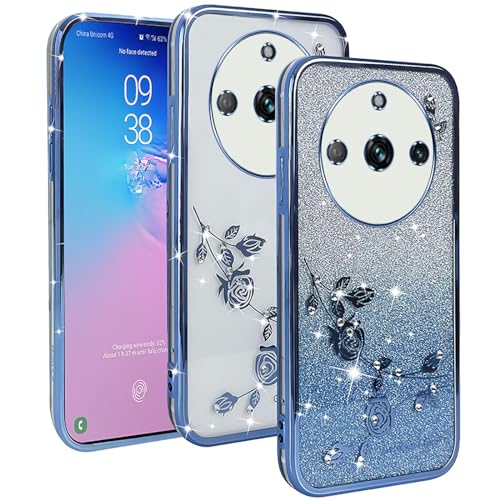 YUXING Transparente Glitzer Hülle für Realme 11 Pro Plus/Realme 11 Pro, Mädchen Frau Schlanke Flora Muster Bling HandyHülle, TPU Brillant Schutzhülle (Blue) von YUXING