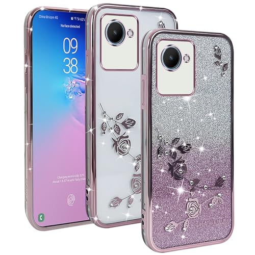 YUXING Transparente Glitzer Hülle für Realme C30, Mädchen Frau Schlanke Flora Muster Bling HandyHülle, TPU Brillant Schutzhülle (Gold) von YUXING