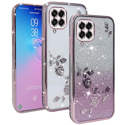 YUXING Transparente Glitzer Hülle für Samsung Galaxy M33 5G, Mädchen Frau Schlanke Flora Muster Bling HandyHülle, TPU Brillant Schutzhülle (Gold) von YUXING