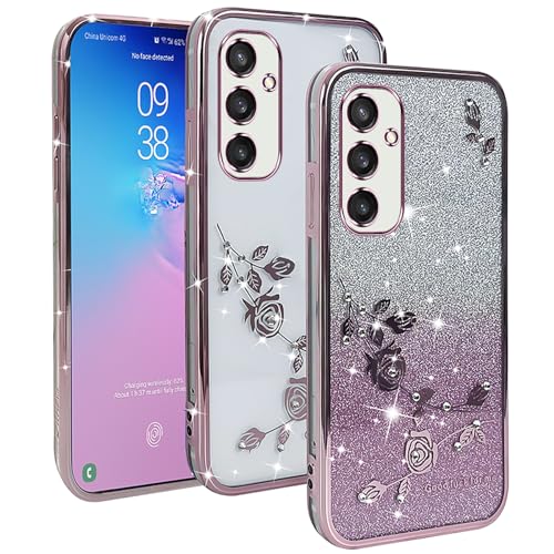 YUXING Transparente Glitzer Hülle für Samsung Galaxy S24 5G, Mädchen Frau Schlanke Flora Muster Bling HandyHülle, TPU Brillant Schutzhülle (Gold) von YUXING