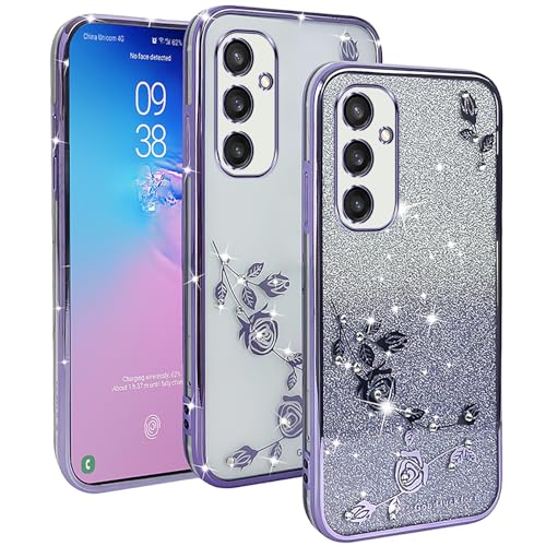 YUXING Transparente Glitzer Hülle für Samsung Galaxy S24 Plus 5G (S24+ 5G), Mädchen Frau Schlanke Flora Muster Bling HandyHülle, TPU Brillant Schutzhülle (Purple) von YUXING