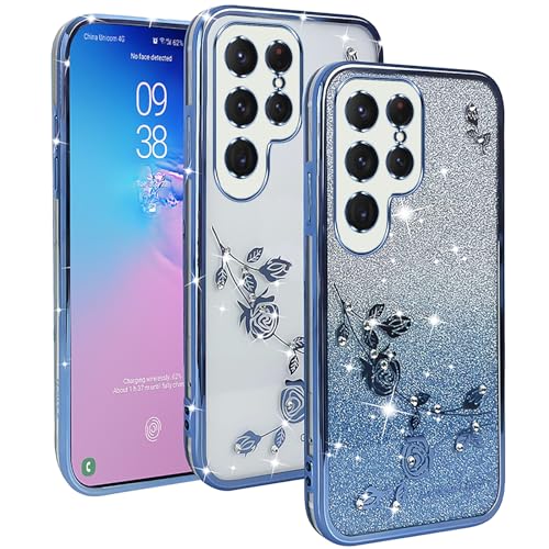 YUXING Transparente Glitzer Hülle für Samsung Galaxy S24 Ultra 5G, Mädchen Frau Schlanke Flora Muster Bling HandyHülle, TPU Brillant Schutzhülle (Blue) von YUXING