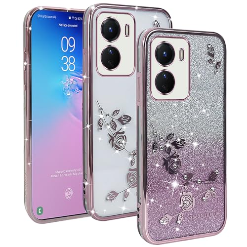 YUXING Transparente Glitzer Hülle für Vivo Y16 4G, Mädchen Frau Schlanke Flora Muster Bling HandyHülle, TPU Brillant Schutzhülle (Gold) von YUXING