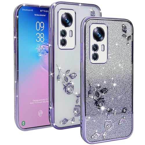 YUXING Transparente Glitzer Hülle für Xiaomi 12T Pro, Mädchen Frau Schlanke Flora Muster Bling HandyHülle, TPU Brillant Schutzhülle (Purple) von YUXING