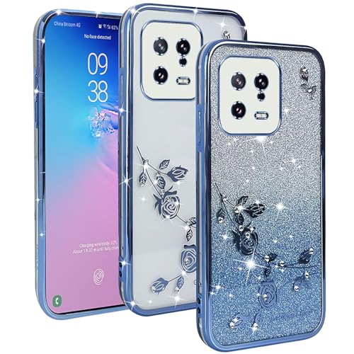 YUXING Transparente Glitzer Hülle für Xiaomi 13, Mädchen Frau Schlanke Flora Muster Bling HandyHülle, TPU Brillant Schutzhülle (Blue) von YUXING