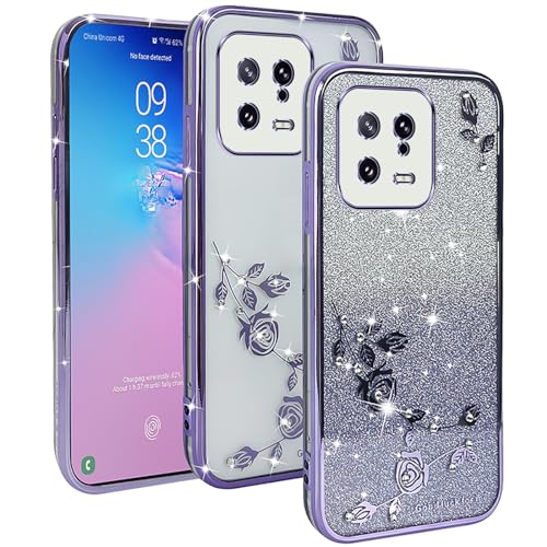 YUXING Transparente Glitzer Hülle für Xiaomi 13, Mädchen Frau Schlanke Flora Muster Bling HandyHülle, TPU Brillant Schutzhülle (Purple) von YUXING