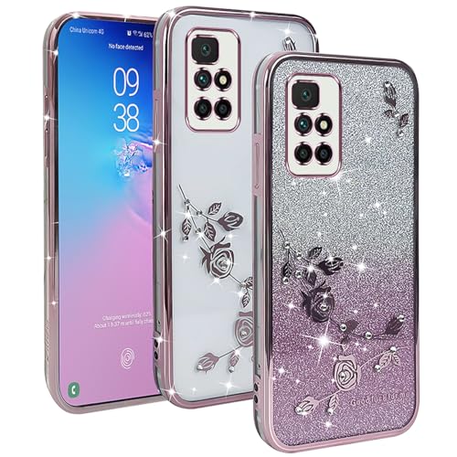 YUXING Transparente Glitzer Hülle für Xiaomi Redmi 10 2022 / Redmi 10 4G, Mädchen Frau Schlanke Flora Muster Bling HandyHülle, TPU Brillant Schutzhülle (Gold) von YUXING