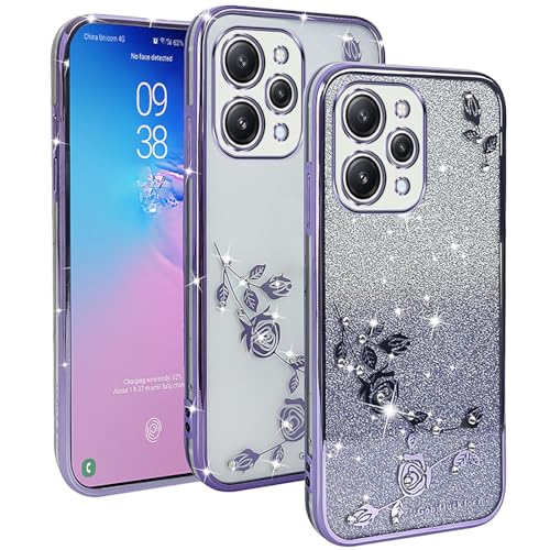 YUXING Transparente Glitzer Hülle für Xiaomi Redmi 12 4G, Mädchen Frau Schlanke Flora Muster Bling HandyHülle, TPU Brillant Schutzhülle (Purple) von YUXING