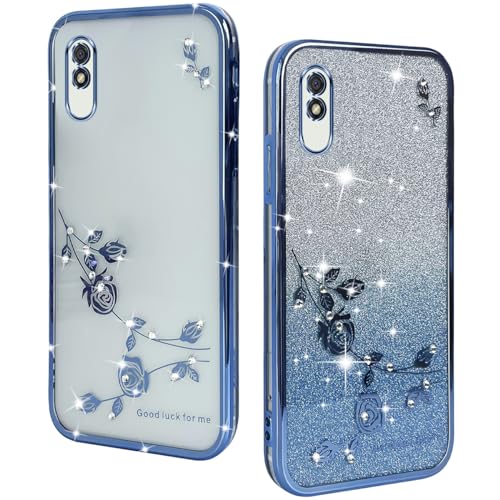 YUXING Transparente Glitzer Hülle für Xiaomi Redmi 9AT / Redmi 9A, Mädchen Frau Schlanke Flora Muster Bling HandyHülle, TPU Brillant Schutzhülle (Blue) von YUXING