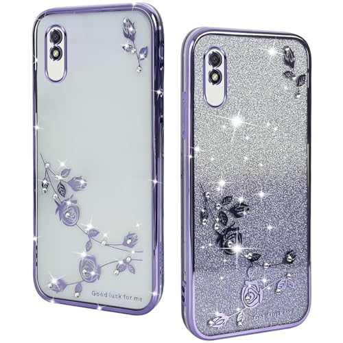 YUXING Transparente Glitzer Hülle für Xiaomi Redmi 9AT / Redmi 9A, Mädchen Frau Schlanke Flora Muster Bling HandyHülle, TPU Brillant Schutzhülle (Purple) von YUXING