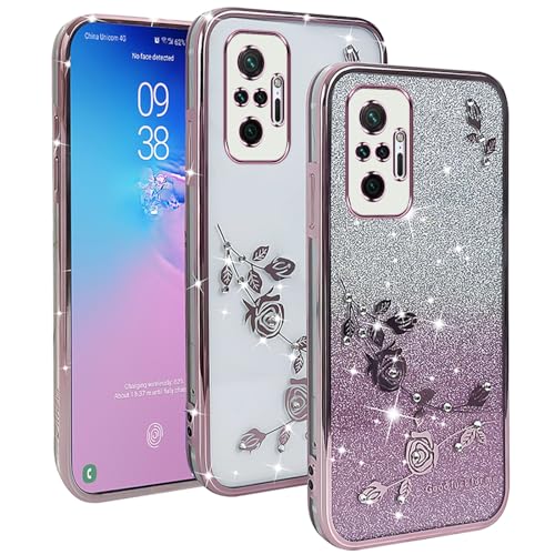 YUXING Transparente Glitzer Hülle für Xiaomi Redmi Note 10 Pro 4G, Mädchen Frau Schlanke Flora Muster Bling HandyHülle, TPU Brillant Schutzhülle (Gold) von YUXING