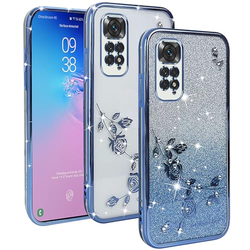 YUXING Transparente Glitzer Hülle für Xiaomi Redmi Note 11 4G / Redmi Note 11S 4G, Mädchen Frau Schlanke Flora Muster Bling HandyHülle, TPU Brillant Schutzhülle (Blue) von YUXING