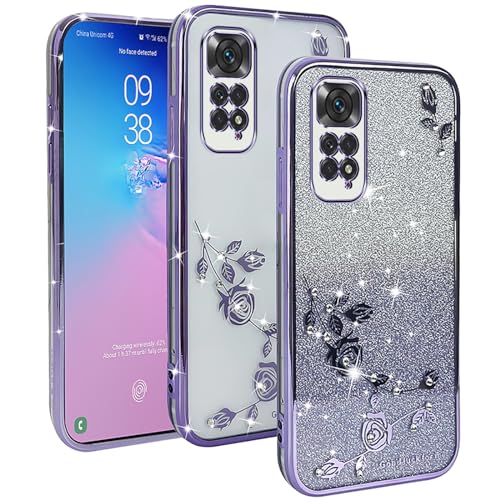 YUXING Transparente Glitzer Hülle für Xiaomi Redmi Note 11 4G / Redmi Note 11S 4G, Mädchen Frau Schlanke Flora Muster Bling HandyHülle, TPU Brillant Schutzhülle (Purple) von YUXING