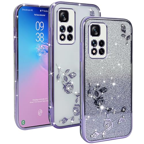 YUXING Transparente Glitzer Hülle für Xiaomi Redmi Note 11 Pro Plus 5G (11 Pro+ 5G), Mädchen Frau Schlanke Flora Muster Bling HandyHülle, TPU Brillant Schutzhülle (Purple) von YUXING