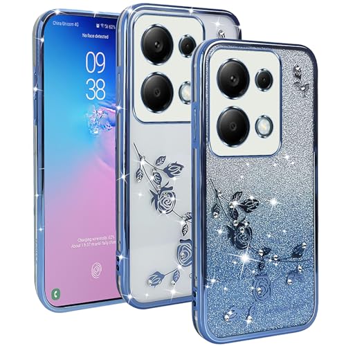 YUXING Transparente Glitzer Hülle für Xiaomi Redmi Note 13 Pro 5G / Poco X6 5G, Mädchen Frau Schlanke Flora Muster Bling HandyHülle, TPU Brillant Schutzhülle (Blue) von YUXING