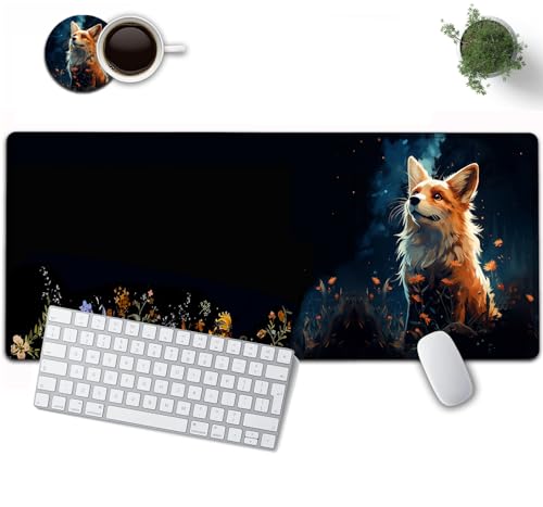 Großes Gaming-Mauspad, 80 x 30 cm, XXL-Format Mit Genähten Kanten, Rutschfeste Gummiunterseite für Büro und Zuhause, Schreibunterlage, Niedlicher Rotfuchs, Tiermuster, Schwarz von YVBHCGGGF