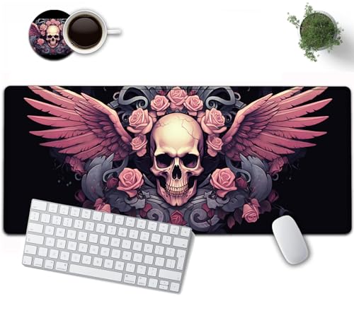 Großes Mauspad, 80 x 30 cm, erweitertes Gaming-Mauspad mit genähten Kanten, XXL-Mauspad-Schutz, rutschfeste Gummiunterseite für Büro, Zuhause, Schreibmatte, Flügel, rosa Rosen und Totenköpfe, schwarze von YVBHCGGGF