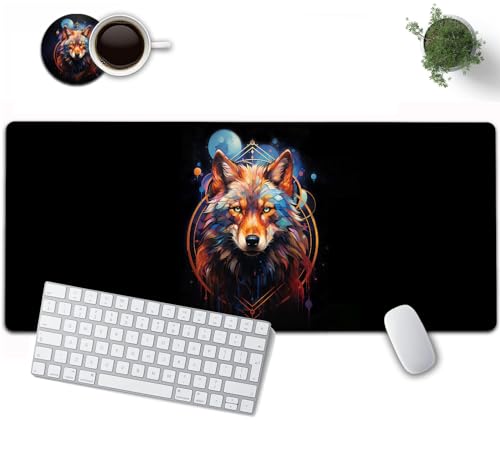 Großes Gaming-Mauspad, 80 x 30 cm, XXL-Schreibunterlage Mit Genähten Kanten, Rutschfeste Gummiunterseite für Büro und Zuhause, Nebelwolf-Muster, Schwarz von YVBHCGGGF