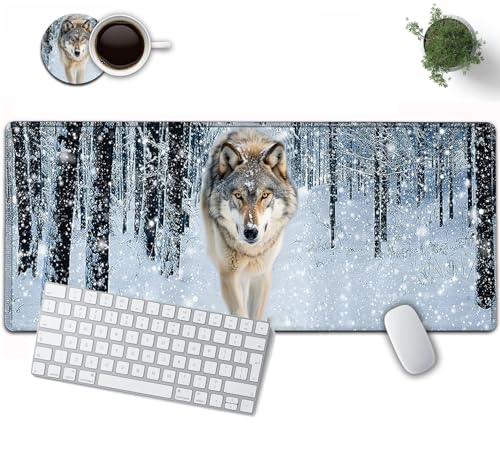 Großes Gaming-Mauspad, 80 x 30 cm, XXL-Schreibmatte Mit Genähten Kanten, Rutschfeste Gummiunterseite für Büro und Zuhause, Wolf im Verschneiten Waldmuster, Weiß Großes Gaming-Mauspad, 80 x 30 cm, XXL-Schreibmatte Mit Genähten Kanten, Rutschfeste Gummiunterseite für Büro und Zuhause, Wolf im Verschneiten Waldmuster, Weiß von YVBHCGGGF