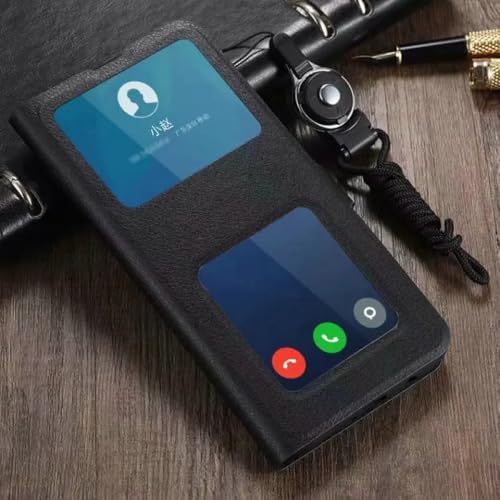 YVWUNH Für iPhone 14 13 Pro Max 12 11 15 Luxus-Lederhülle mit Fenster für iPhone15 13 14 PLUS Flip Cover Stoßfeste Büchertaschen, Schwarz, Für iPhone 13Pro Max von YVWUNH