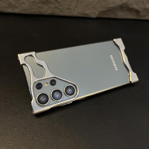 YVWUNH Luxuriöse, unregelmäßige, rahmenlose Telefonhülle aus Aluminiumlegierung für Samsung S23 S24 Ultra Plus, Linsenfolienschutz, stoßfeste Metallabdeckung, grau, für Samsung S24Ultra von YVWUNH