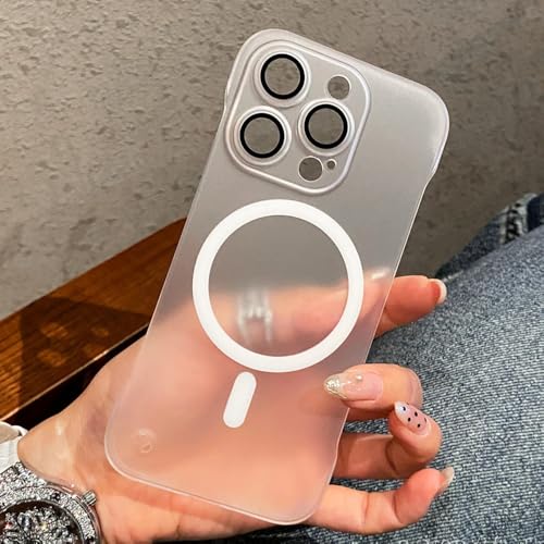 YVWUNH Magnetische, ultradünne, Matte, rahmenlose Telefonhülle für iPhone 15 14 12 13 Pro Max, vollständiger Linsenschutz, durchscheinende, mattierte Rückseite, weiß, für iPhone 14Pro von YVWUNH