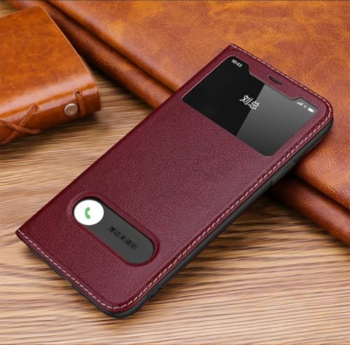 YVWUNH Magnetische Echtlederhülle mit Sichtfenster für iPhone 15 14 13 12 11 Pro MAX XR XS 7 Plus Hülle Brieftasche Flip Stand Answer, rot, für iPhone 13 von YVWUNH