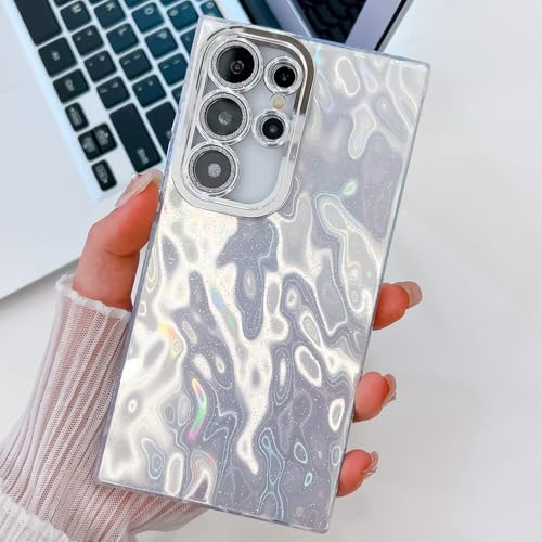 YVWUNH Plating Glitter Lens Handyhülle für Samsung Galaxy S24 FE Plus S23 Ultra A54 A15 A25 A35 A55 5G Faltende Alufolie Muster Rückseite, Silber, Für A54 von YVWUNH