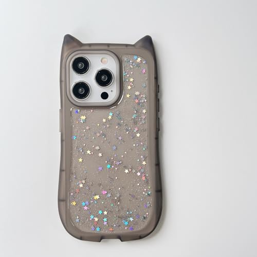 YVWUNH Süße transparente 3D-Hülle mit Katzenohren für iPhone 15 14 Plus 13 12 11 Pro Max, koreanische lustige Süßigkeiten-Bling-Glitzerstern-Stoßschutzhülle, grau, für iPhone 12 von YVWUNH