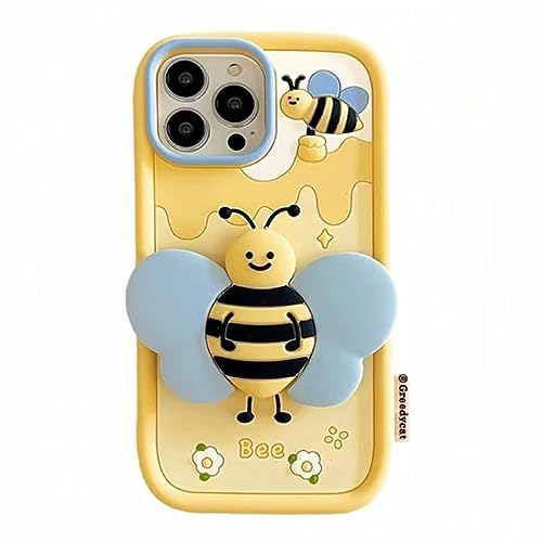 Gelbe Biene Handyhülle Kompatibel mit iPhone 12 Pro, Niedliche 3D Korea Dopamin Cartoon Biene Hülle mit Bienenflügel Klappständer Stoßfest Silikon Soft Case-01 von YWYUHE