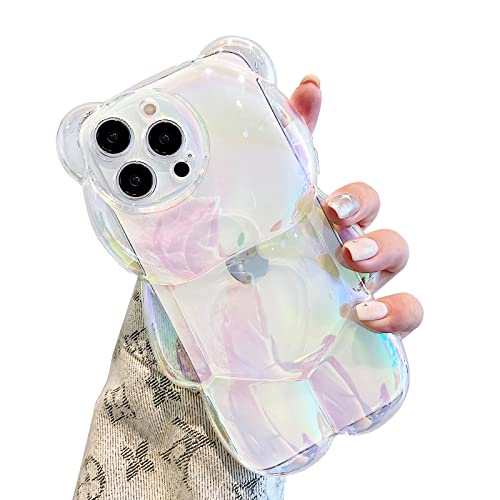 YWYUHE Bär Handyhülle Kompatibel mit iPhone 12 Hülle, Niedliche 3D Holographische Klar Weiß Bär Hülle, Stoßfest Kpop Cartoon Bär Handyhülle für Frauen Mädchen von YWYUHE