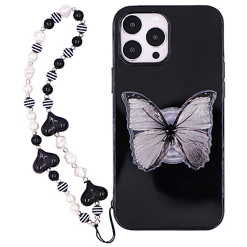 YWYUHE Glänzende Schwarze Schmetterlings-Handyhülle kompatibel mit iPhone 13 Pro, Korea Cute 3D Black Dream Butterfly Handyhülle mit Schmetterling Halten Ständer Schwarz Weiß Herz Perlenkette für von YWYUHE