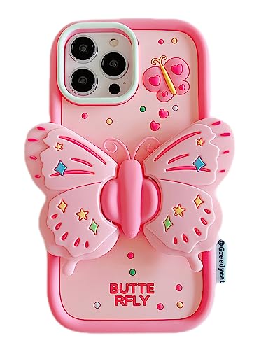 YWYUHE Rosa Schmetterling Handyhülle Kompatibel mit iPhone 13, Niedliche 3D Korea Dopamin Schmetterling Hülle mit Schmetterlingsflügeln Klappständer Stoßfest Silikon Soft Case von YWYUHE