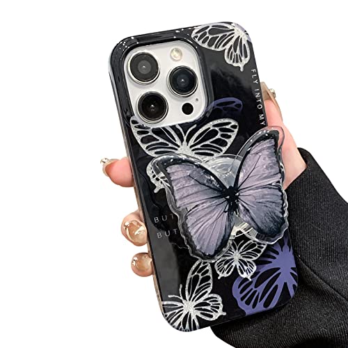 YWYUHE Schwarz Glitzer Schmetterling Handyhülle Kompatibel mit iPhone 12 Pro Max, Koreanische 3D Niedliche Bling Hohl Schmetterling Handyhülle mit Silber Glitzerkarte für Frauen Mädchen von YWYUHE