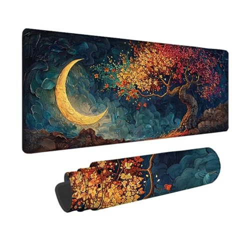 Baum Gaming Mauspad XXL 1500x800mm, 3MM Genähten Kanten Mousepad Mond Schreibtischunterlage mit rutschfeste Gummibasis, Gaming Zubehör WassXerdicht Mouse Pad für PC, Laptop, Geschenke -xy25034C von YXYBBBDOU