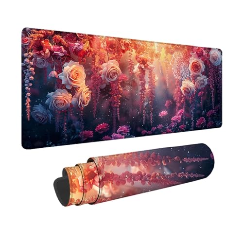 Blume Gaming Mauspad XXL 1500x800x3mm, 3MM Genähten Kanten Mousepad Rosa Schreibtischunterlage mit rutschfeste Gummibasis, Gaming Zubehör WassXerdicht Mouse Pad für PC, Laptop, Geschenke -xy250343 von YXYBBBDOU