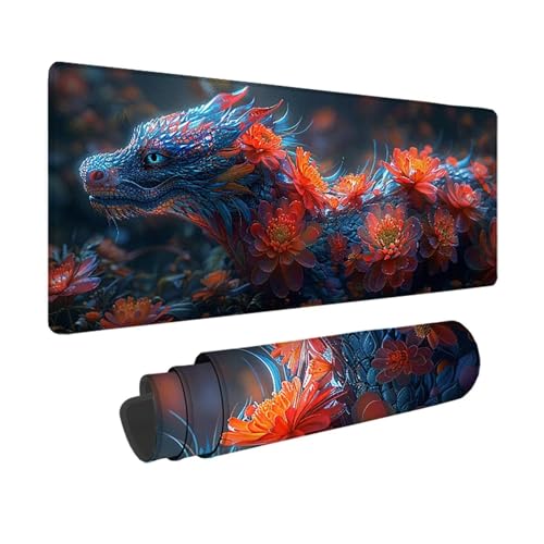Drachen Gaming Mauspad XXL 1500x800x3mm, 3MM Genähten Kanten Mousepad Rot Schreibtischunterlage mit rutschfeste Gummibasis, Gaming Zubehör WassXerdicht Mouse Pad für PC, Laptop, Geschenke -xy25032R von YXYBBBDOU