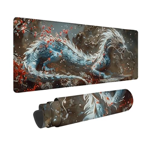 Drachen Gaming Mauspad XXL 800 x 400mm, 3MM Genähten Kanten Mousepad Weiß Schreibtischunterlage mit rutschfeste Gummibasis, Gaming Zubehör WassXerdicht Mouse Pad für PC, Laptop, Geschenke -xy250354 von YXYBBBDOU