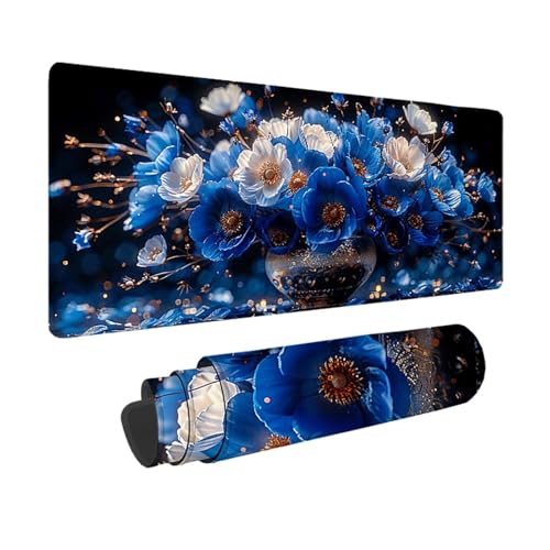 Gaming Mauspad Blume Mauspad XXL 1200 x 600 mm, WassXerdicht Anti-Rutsch Schreibtischunterlage Blau Mouse Pad mit Genähten Kanten für PC, Laptop Verbessert Präzision und Geschwindigkeit -xy250388 von YXYBBBDOU