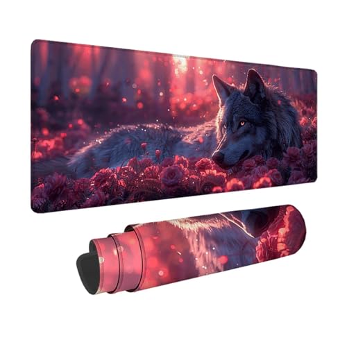 Gaming Mauspad Wolf Mauspad XXL 900x400x3mm, WassXerdicht Anti-Rutsch Schreibtischunterlage Rot Mouse Pad mit Genähten Kanten für Computer, Laptop Verbessert Präzision und Geschwindigkeit -xy25038N von YXYBBBDOU
