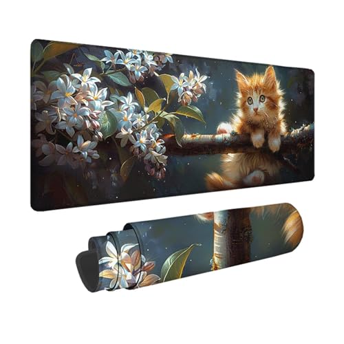 Katze Gaming Mauspad XXL 1500 x 800 mm, 3MM Genähten Kanten Mousepad Weiß Schreibtischunterlage mit rutschfeste Gummibasis, Gaming Zubehör WassXerdicht Mouse Pad für PC, Laptop, Geschenke -xy2503B0 von YXYBBBDOU