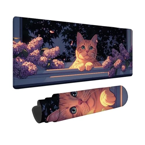 Katze Gaming Mauspad XXL 1500x800x3mm, 3MM Genähten Kanten Mousepad Lila Schreibtischunterlage mit rutschfeste Gummibasis, Gaming Zubehör WassXerdicht Mouse Pad für PC, Laptop, Geschenke -xy2503JY von YXYBBBDOU