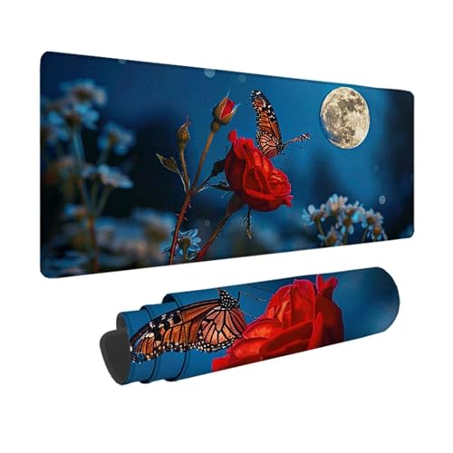 Rose Gaming Mauspad XXL 800 x 300 mm, 3MM Genähten Kanten Mousepad Rot Schreibtischunterlage mit rutschfeste Gummibasis, Gaming Zubehör WassXerdicht Mouse Pad für PC, Laptop, Geschenke -xy25039Q von YXYBBBDOU