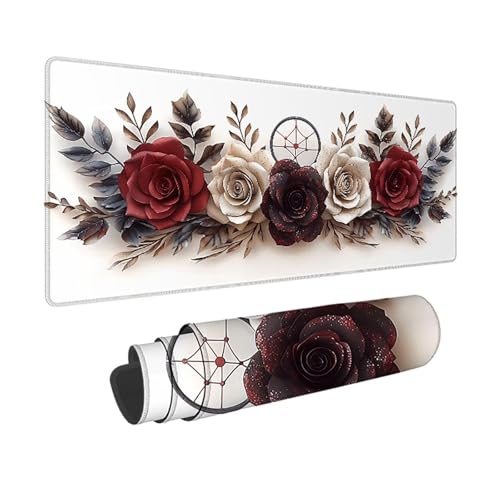 Rose Gaming Mauspad XXL 800 x 400mm, 3MM Genähten Kanten Mousepad Weiß Schreibtischunterlage mit rutschfeste Gummibasis, Gaming Zubehör WassXerdicht Mouse Pad für PC, Laptop, Geschenke -xy25037R von YXYBBBDOU